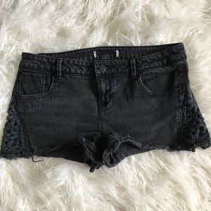 Black Distressed Denim Shorts with lace overlay